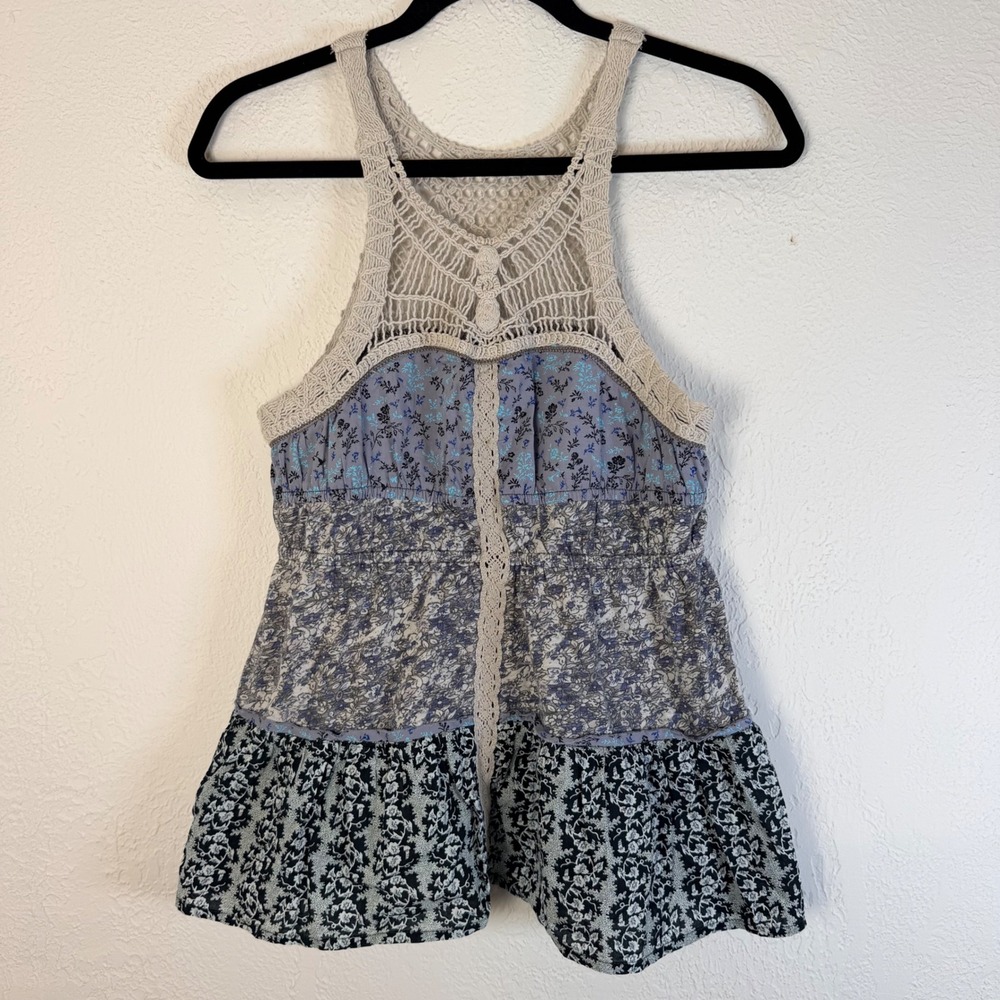 Y2K Free People M Mixed Floral Crochet Lace Racerback Babydoll Top Boho